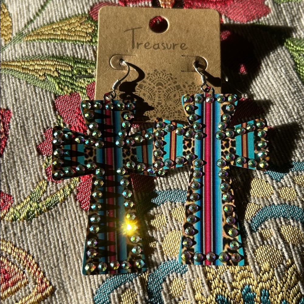 Striped Cross Earrings with Rhinestones